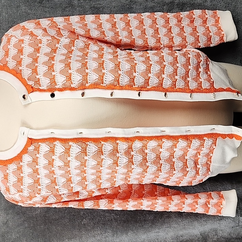 Charter Club Orange and White Knit Chevron Cardigan Sweater Size M